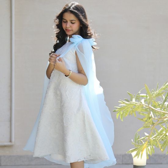 صورة فستان بناتي مطرز ورود كبيرة وفيونكات فراشة سماويه | تصميم ملكي - 1201